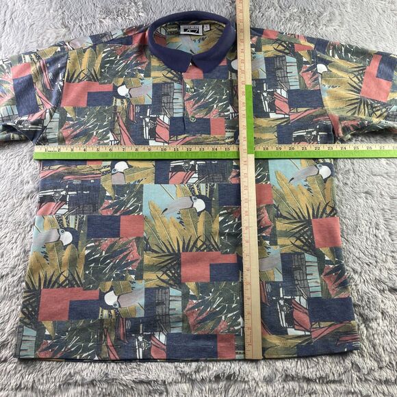 Vintage Allen Wah Polo Shirt Mens Large Red Blue Yellow Toucan All Over Print - Picture 5 of 10